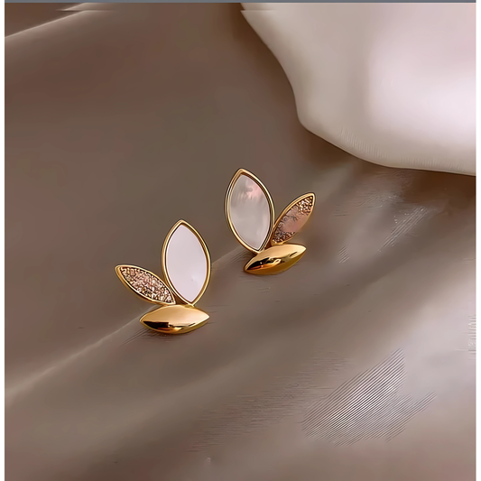 Beautiful Gold Tone White MOP Crystal Leaf Studs