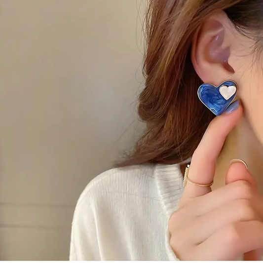 Gold Tone Marbled Blue Heart Studs