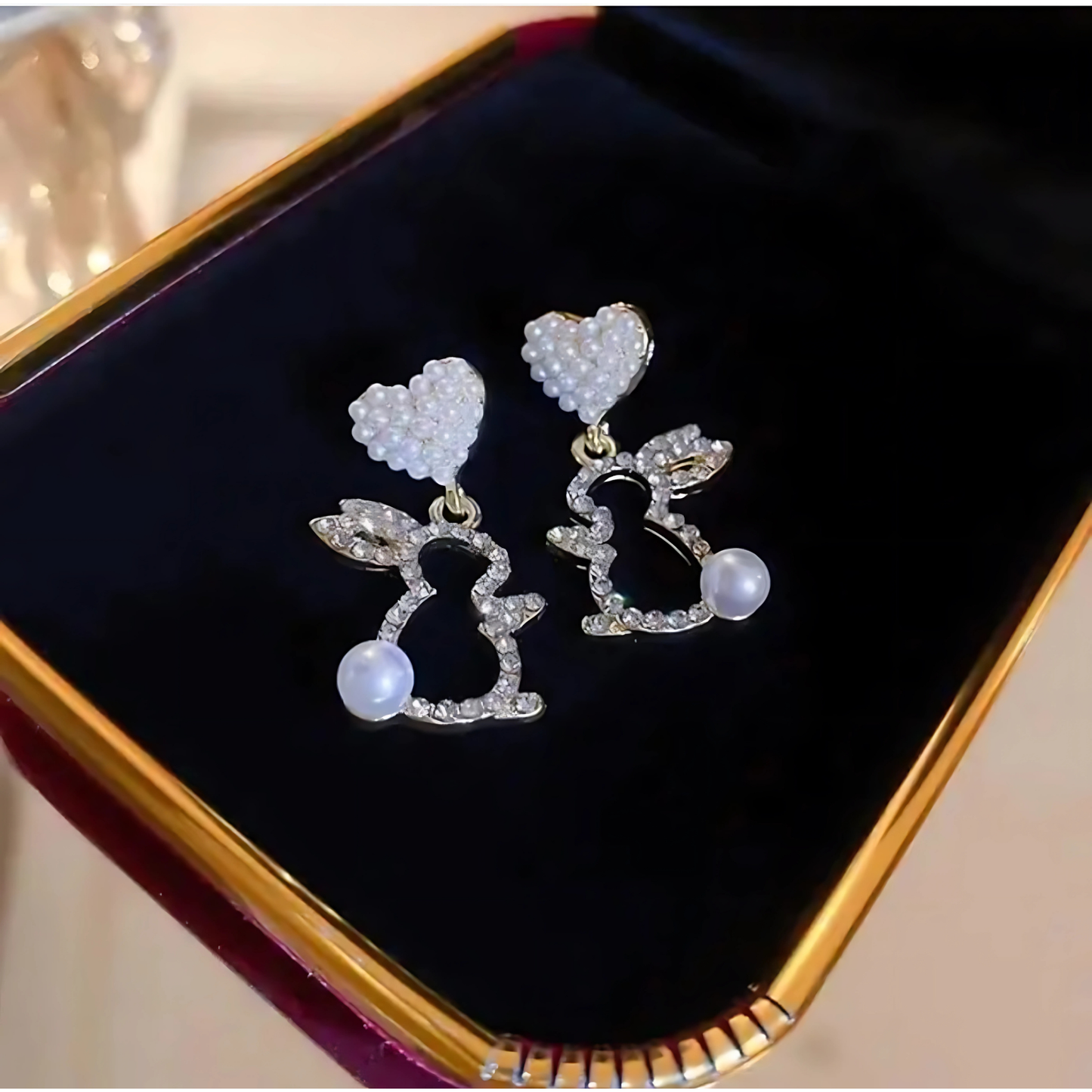 Elegant Crystal Bunny Pearl Heart Dangles