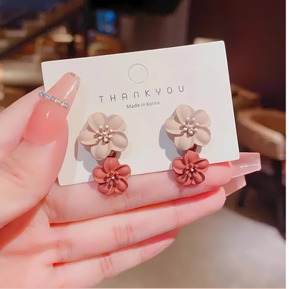 Pastel Pink and Beige Double Flower Studs