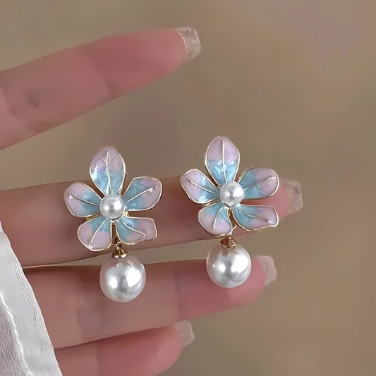 Elegant Gold Tone Pink Blue Flower Pearl Dangles