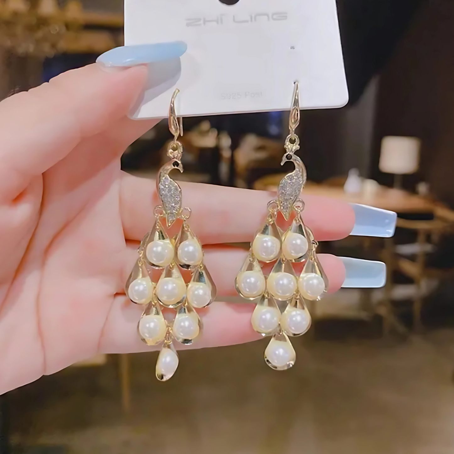 Gold Tone Crystal Peacock Teardrop Pearl Dangles