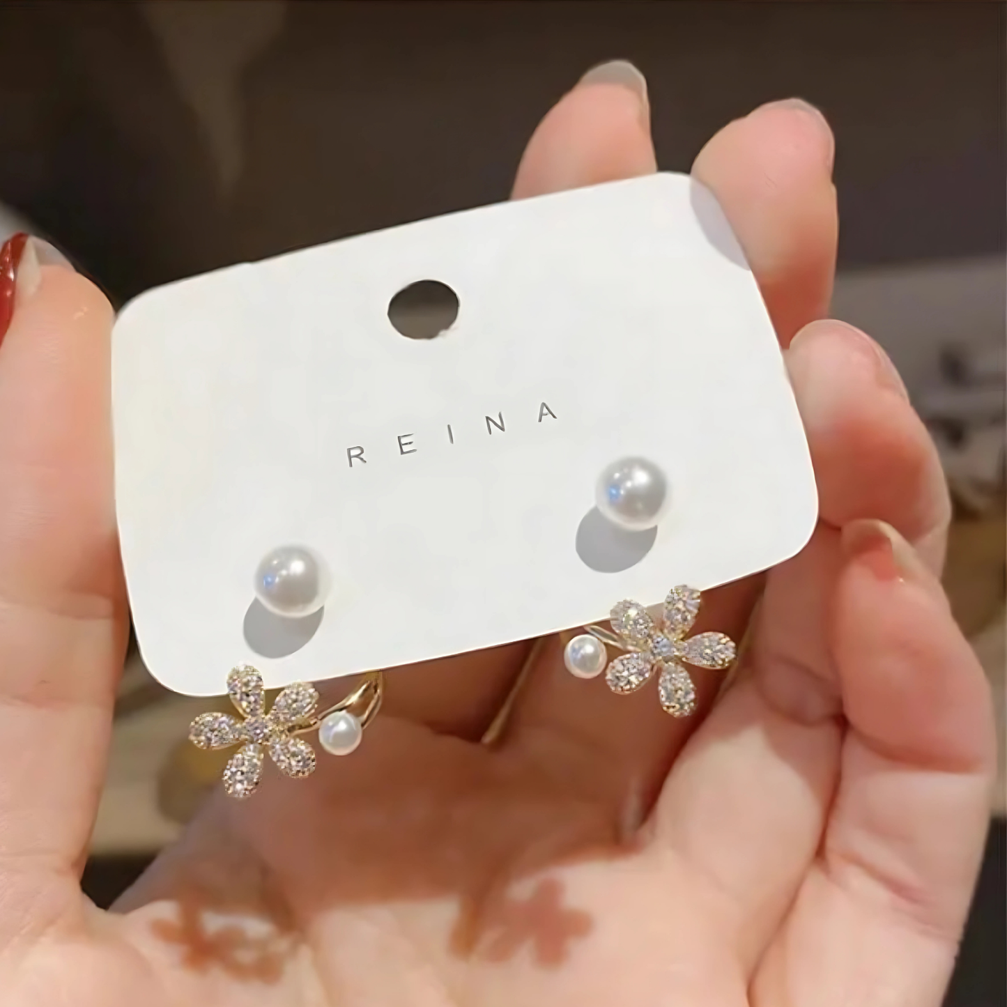 Elegant and Beautiful Gold Tone Crystal Flower Pearl Studs