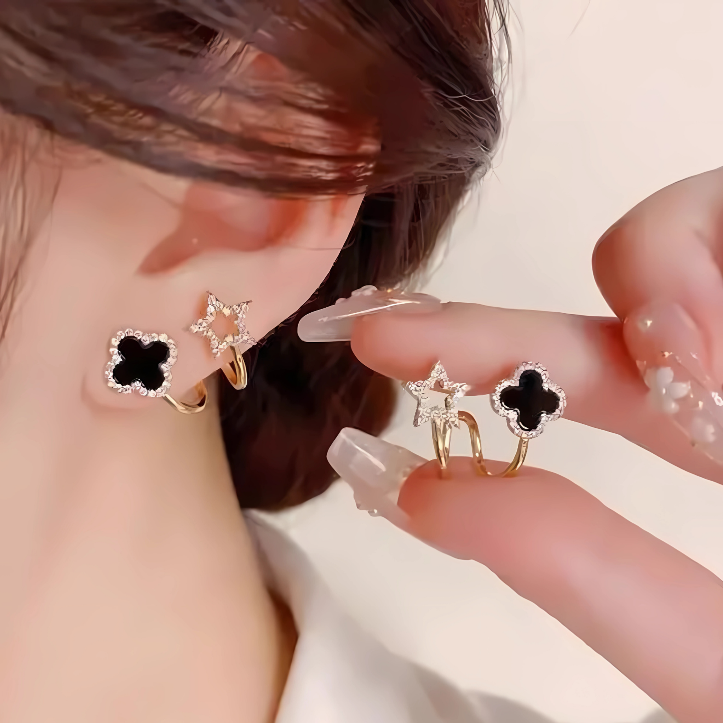 Gold Tone Black Clover Crystal Star Huggie Hoops