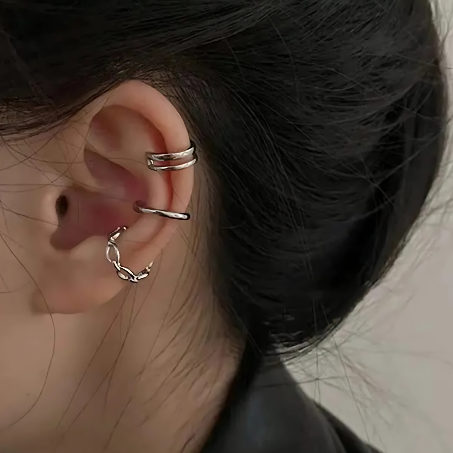 Silver Double Band Ear Cuff Chain Hoop Set