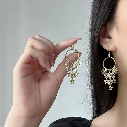 Stylish Gold Tone Crystal Flower Tassel Chandelier Hoops