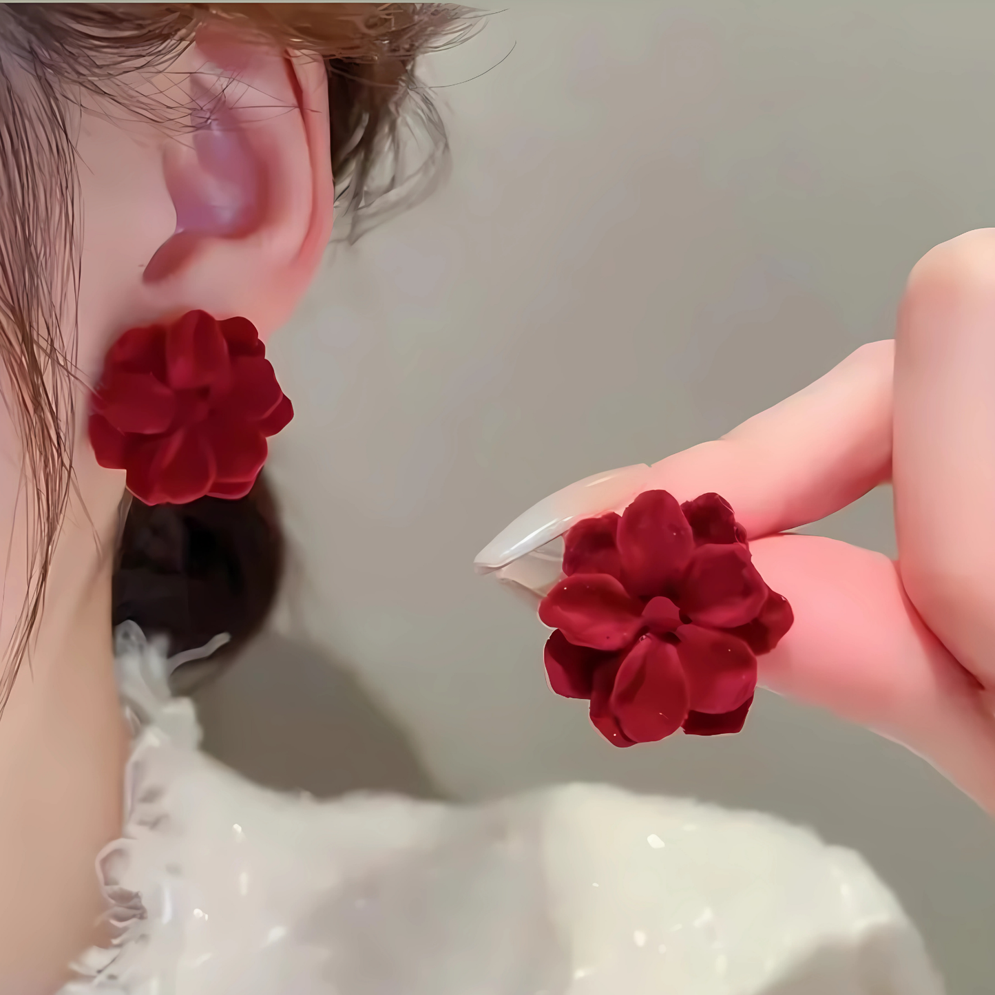 Large Deep Red Velvet Petal Rose Studs