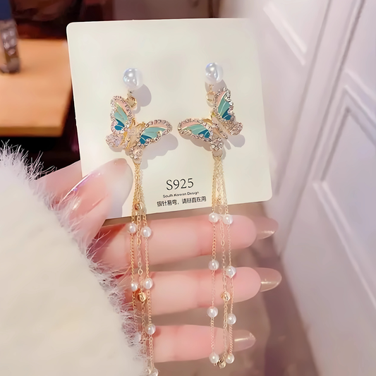 Stylish Multicolor Pearl Butterfly Dangling Earrings