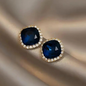 Gold Tone Navy Blue Cushion Cut Crystal Studs