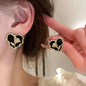 Stunning Gold Tone Black Enamel Heart Rose Studs