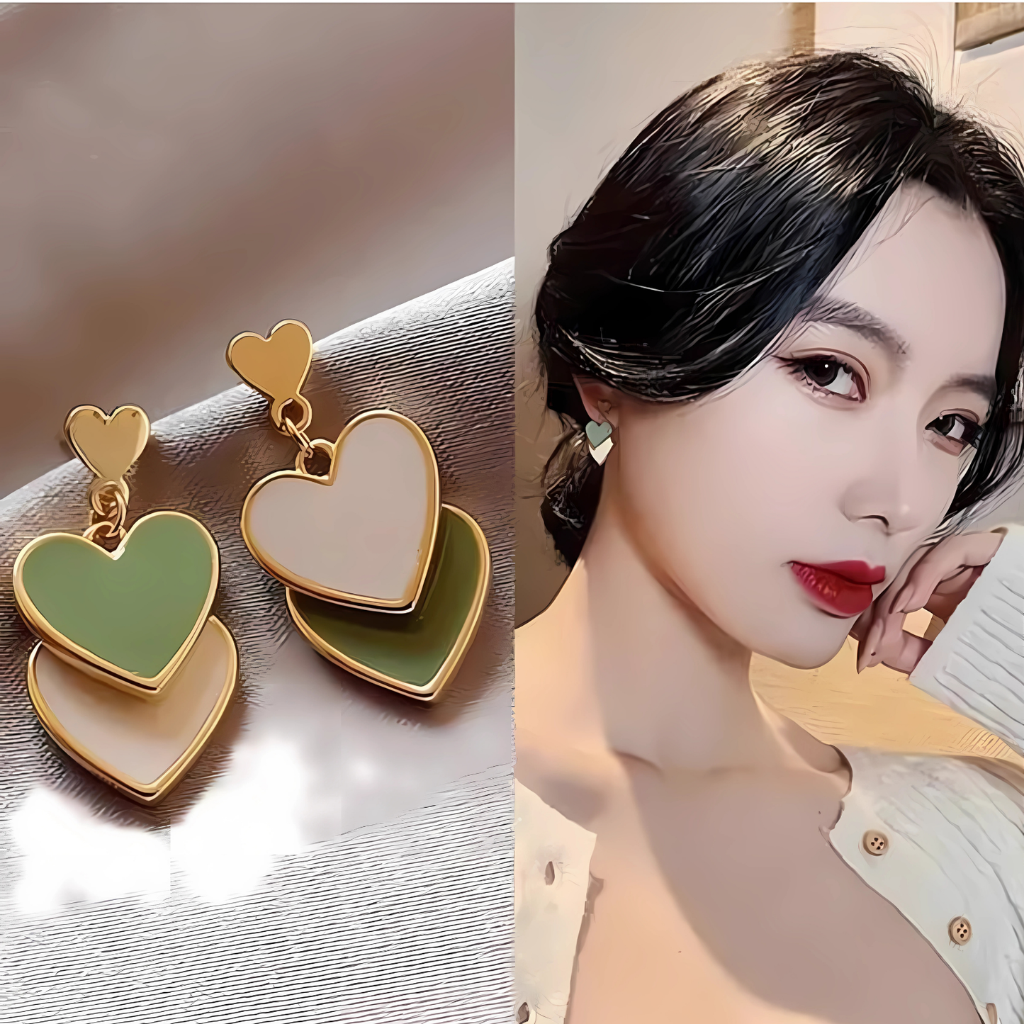 Trendy Asymmetric Gold Tone Green Beige Enamel Layered Heart Dangles