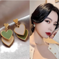 Trendy Asymmetric Gold Tone Green Beige Enamel Layered Heart Dangles