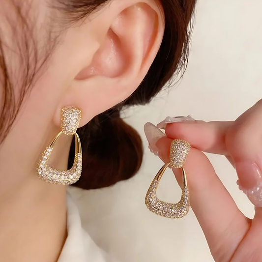 Stunning Gold Tone Pave Zirconia Triangle Drop Earrings