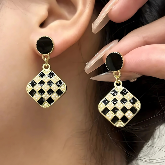 Elegant Black and White Checkered Dangle Earrings