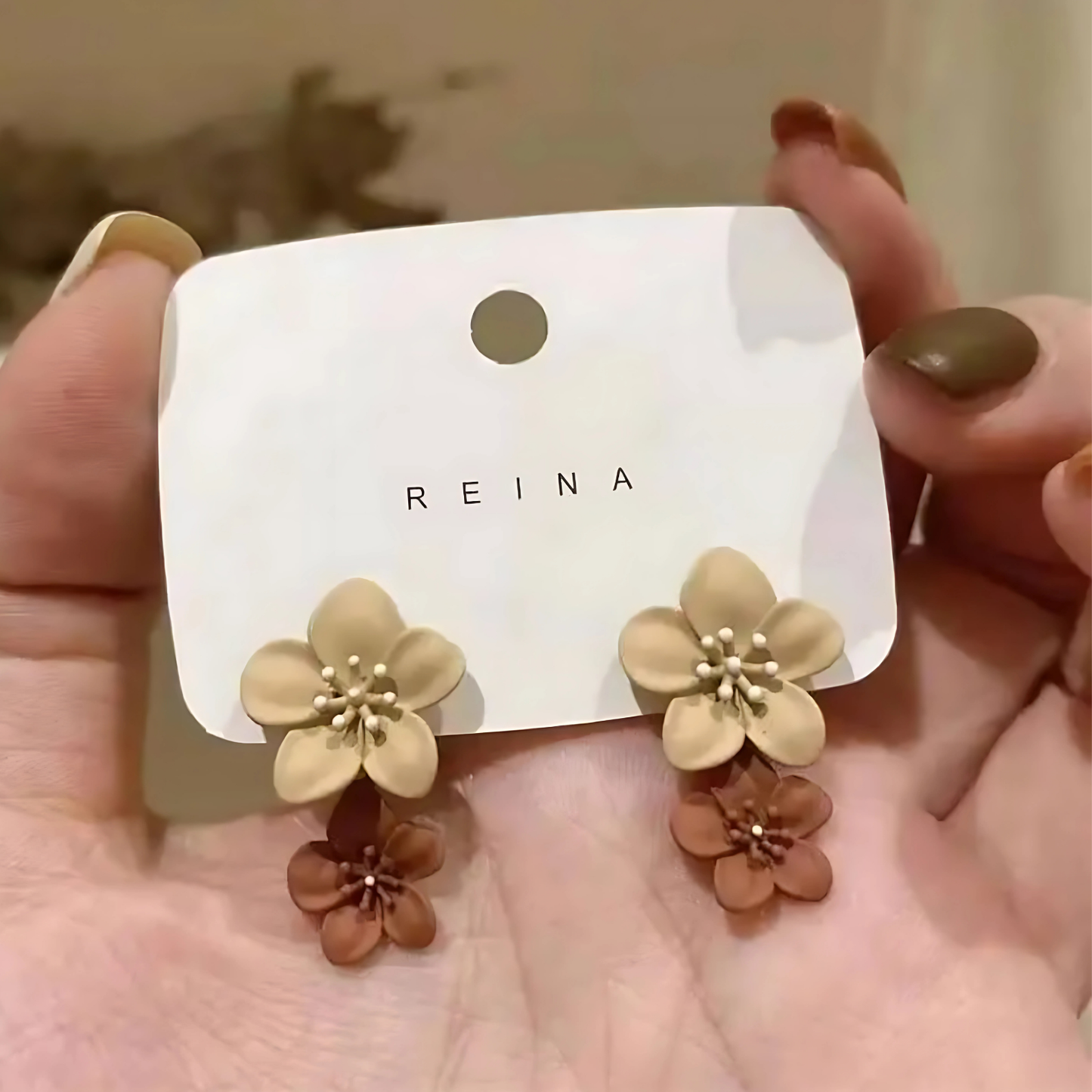 Pastel Beige and Brown Double Flower Studs