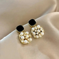Gold Tone Black Top Pearl Square Earrings