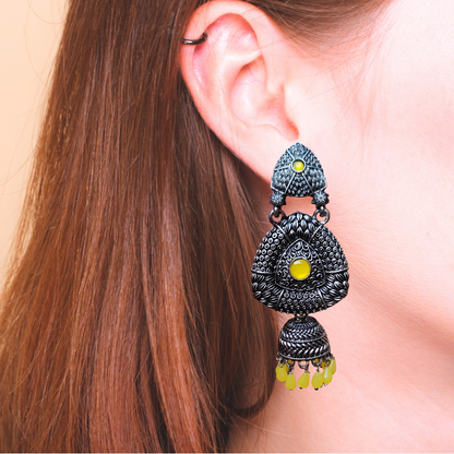 Black Metal Oxidized Jhumka Earrings with Yellow Accents - KurlyWurly.store