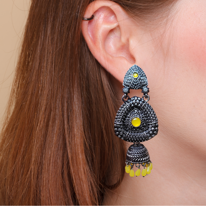 Radiant Yellow Gemstone Oxidized Silver-Tone Jhumka Earrings