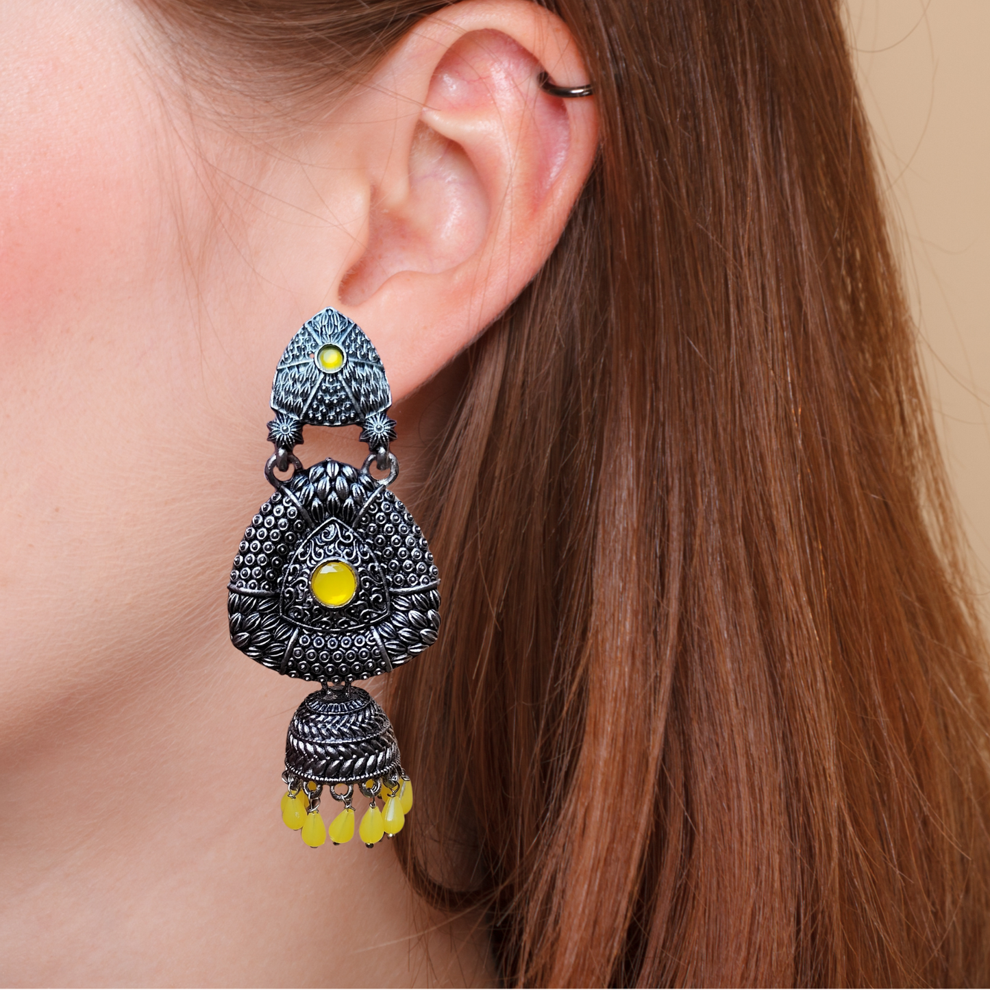 Radiant Yellow Gemstone Oxidized Silver-Tone Jhumka Earrings