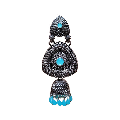 Vibrant Pastel Teal Green Gemstone Oxidized Silver-Tone Jhumka Earrings