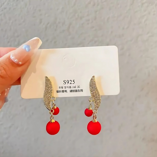 Stylish Red Pearl Dangle Pompom Earrings