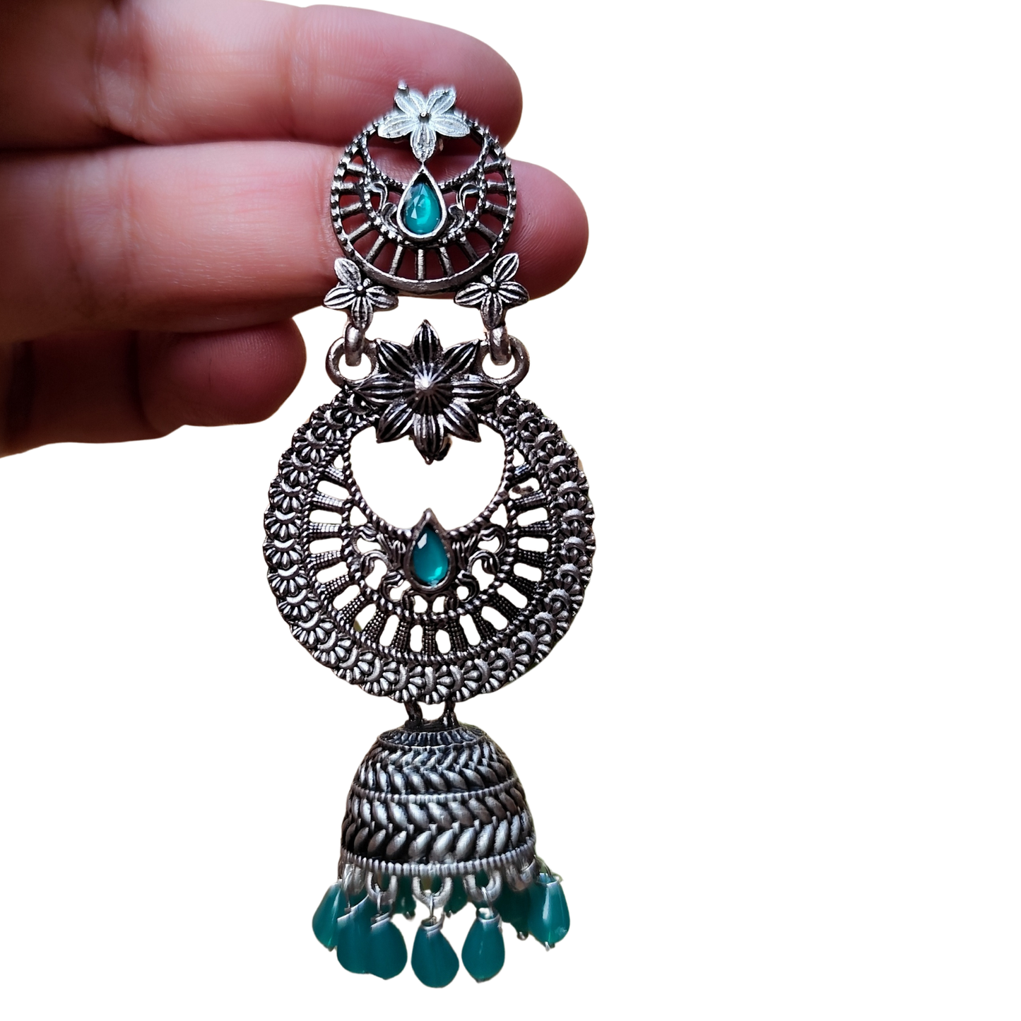 Elegant Pastel Dark Green Gemstone Oxidized Silver-Tone Jhumka Earrings