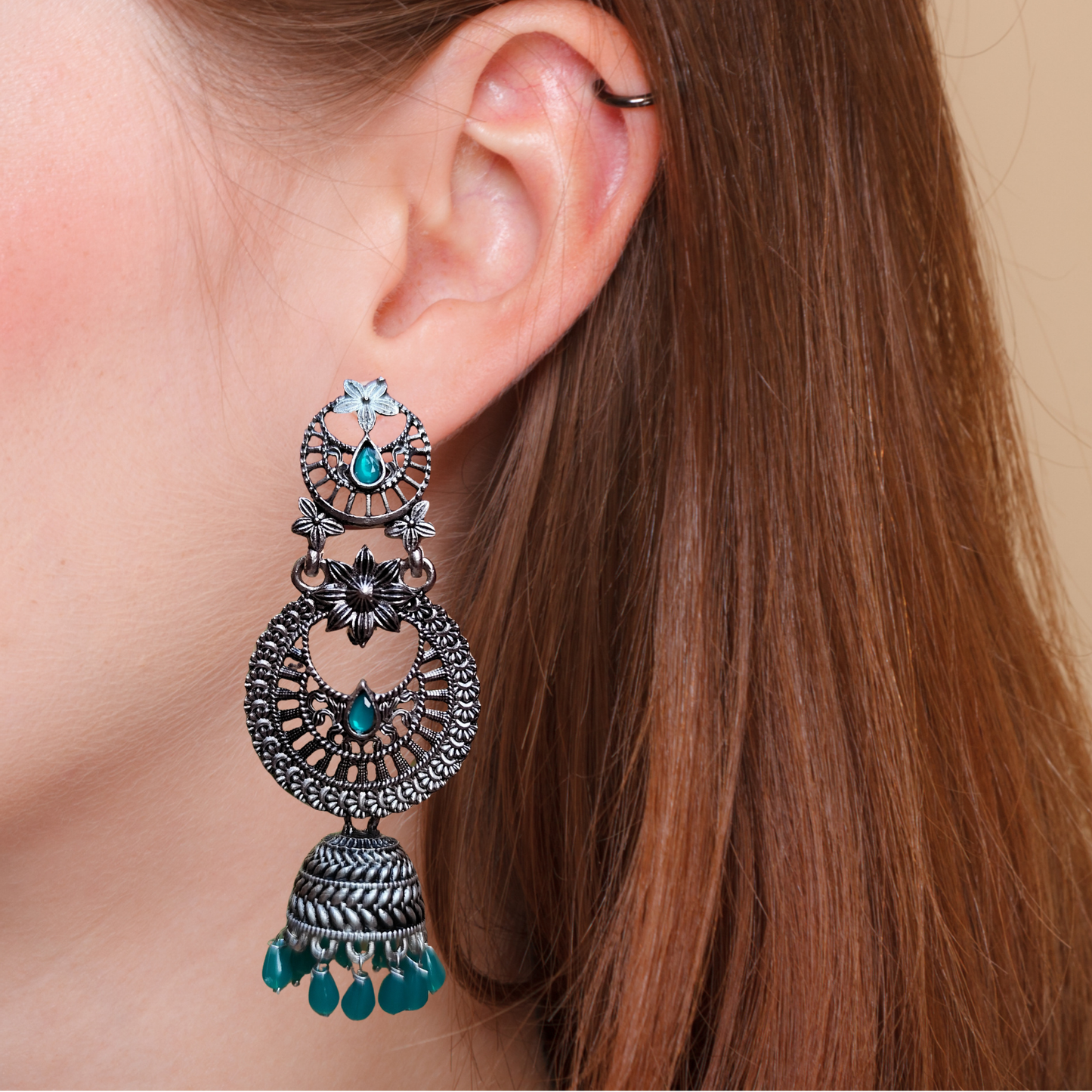 Elegant Pastel Dark Green Gemstone Oxidized Silver-Tone Jhumka Earrings