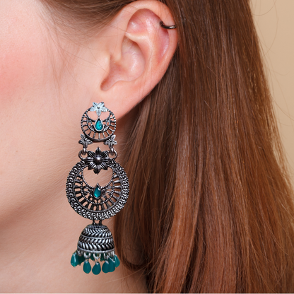 Elegant Pastel Dark Green Gemstone Oxidized Silver-Tone Jhumka Earrings