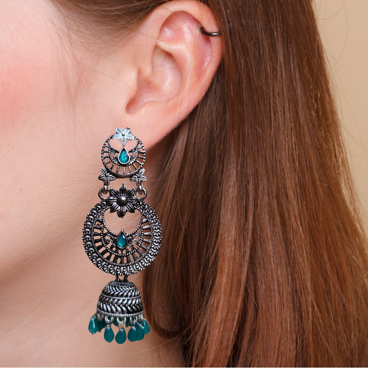 Elegant Pastel Dark Green Gemstone Oxidized Silver-Tone Jhumka Earrings