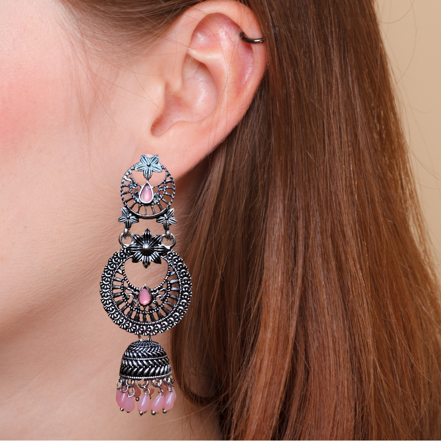 Radiant Pastel Pink Gemstone Oxidized Silver-Tone Jhumka Earrings