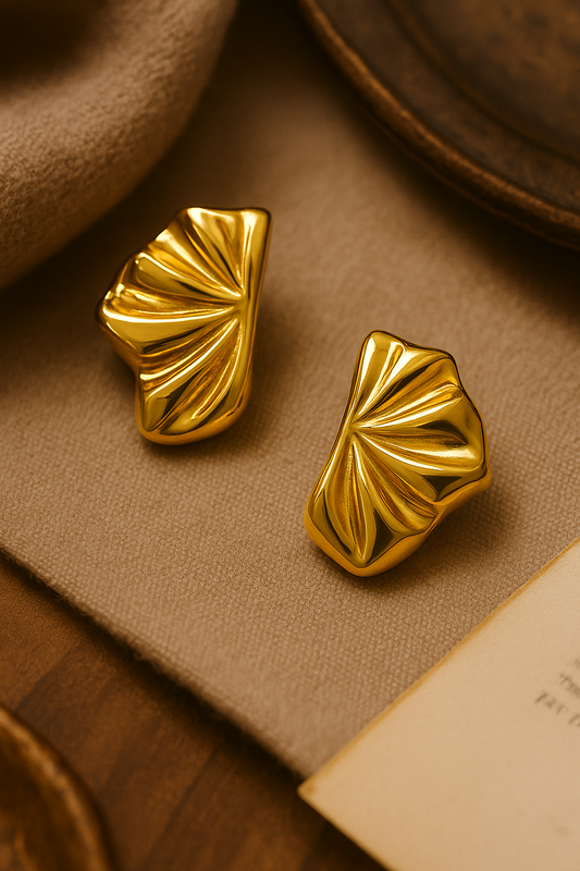 Anti-tarnish gold-plated sculptural hoop earrings with pleated fan design for women