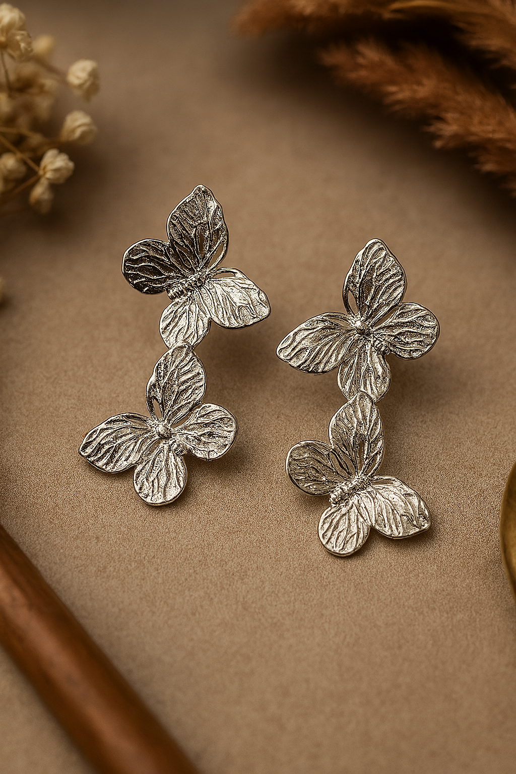 Antique silver look butterfly earrings, rustic metallic insect studs, unique fashion accessories