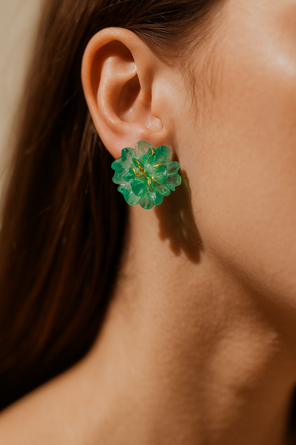 Artisan-crafted green ice bloom earrings – stylish resin flower studs with golden accents
