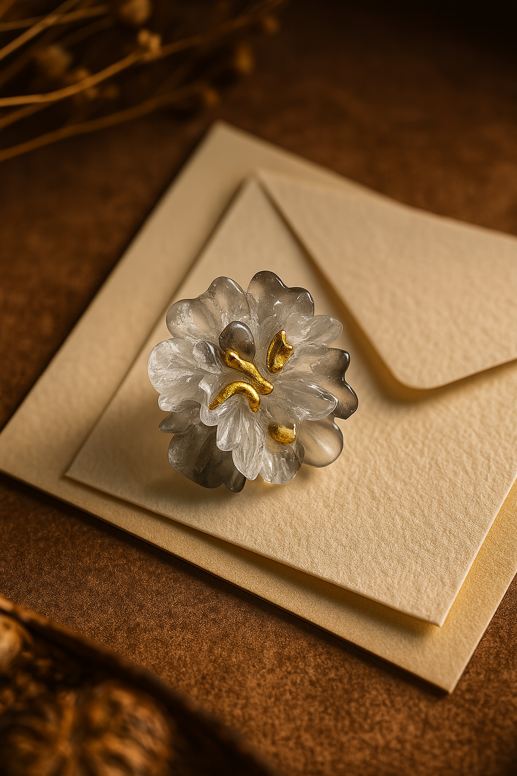 Artisan-crafted ice flower resin studs with gold detailing – unique black and clear floral earrings for everyday and festive wear