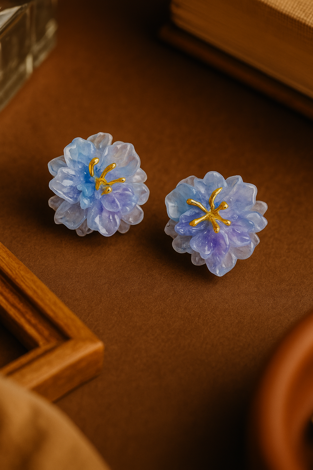 Artisan-crafted translucent flower earrings in icy blue and lavender – statement resin studs for women