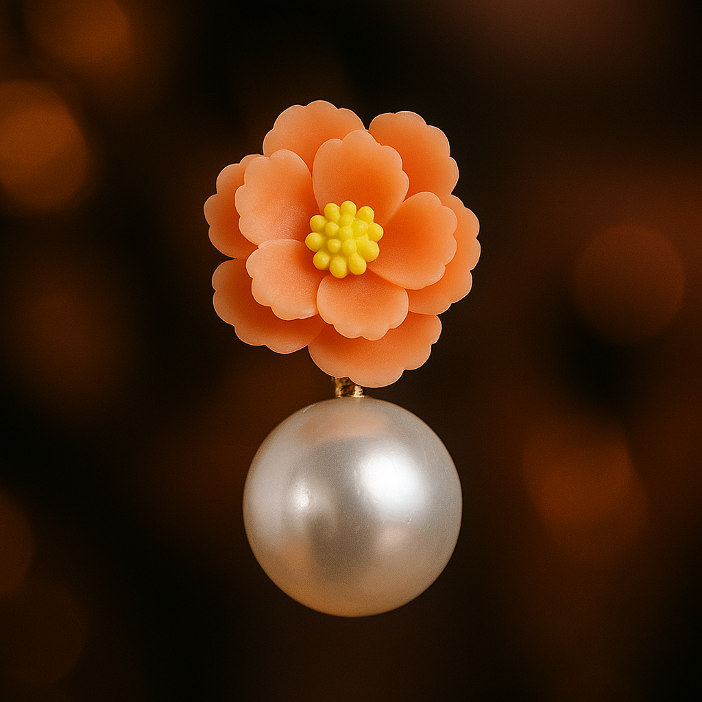 Artisan-made peach-orange flower earrings with round pearl drop – polymer clay designer accessory