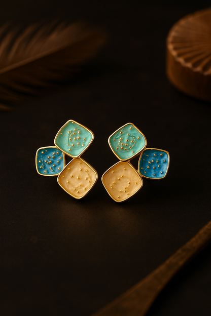 Artistic square-shaped statement earrings with gold beads – trendy handcrafted jewelry for women