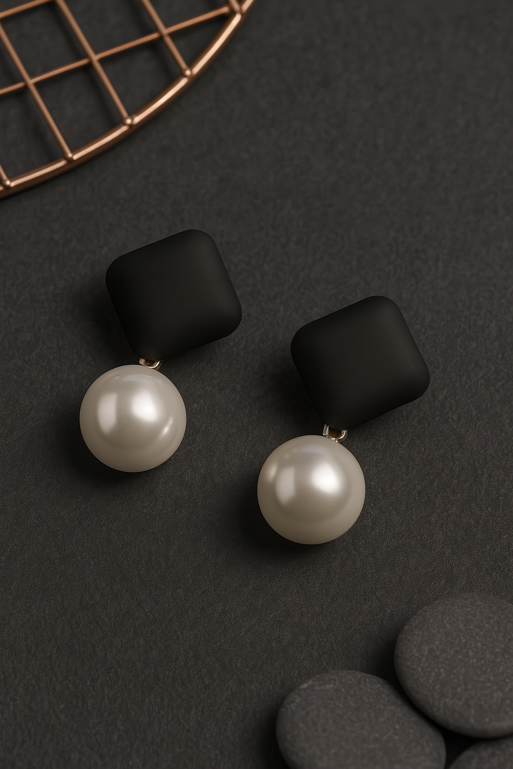 Black matte square stud earrings with classic white pearl drops – elegant statement earrings for women