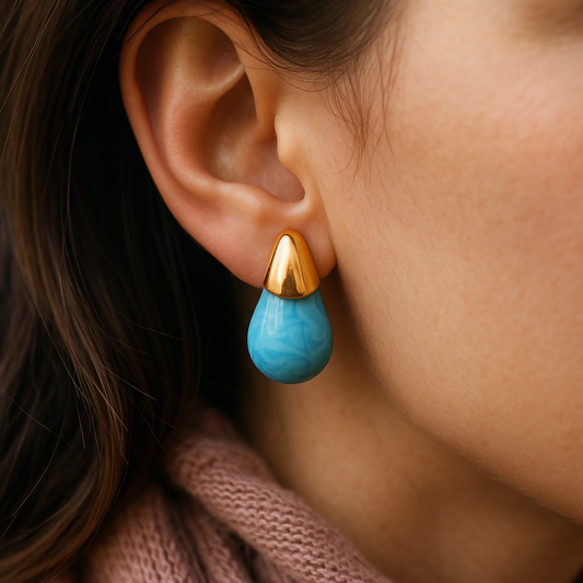 Blue teardrop seedling earrings with glossy gold cap – modern handcrafted statement jewelry for women