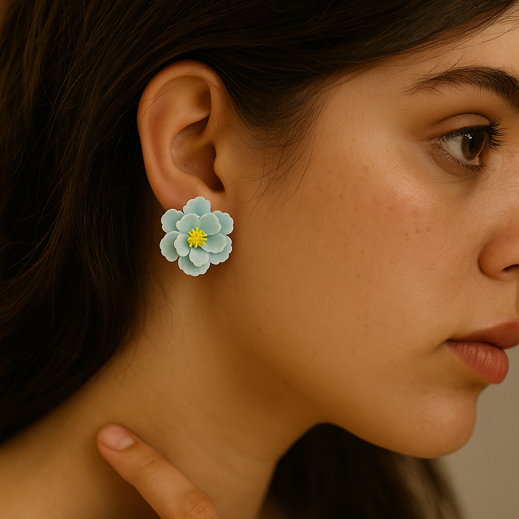 Bold and colorful handmade clay earrings – large blue flower studs for trendy and eco-friendly styling