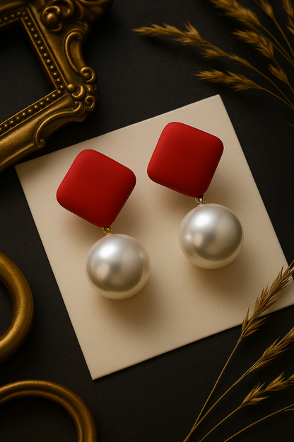 Bold red and pearl dangle earrings – modern handmade accessories for festive and party wear