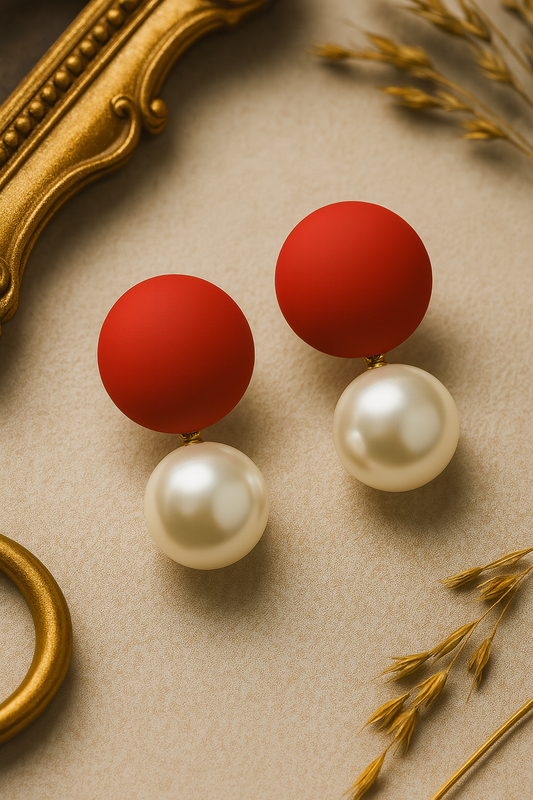 Bold red matte stud earrings with elegant pearl drops – handmade fashion jewelry for women