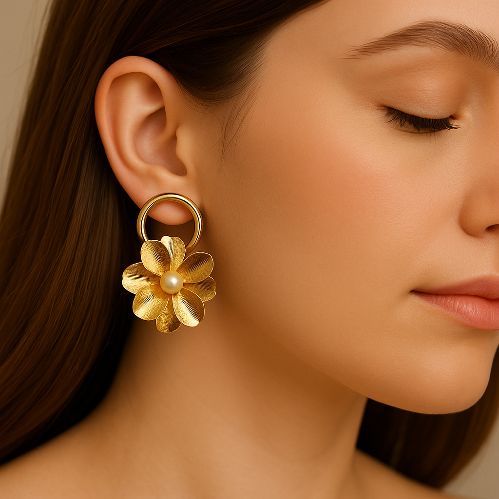 Luxury handcrafted gold flower earrings with pearl detailing and circular hoop, designer jewelry ideal for ethnic outfits and festive gifting