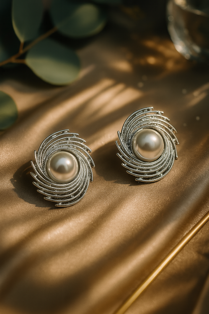 Stylish silver swirl pearl earrings with textured spiral design, elegant handcrafted jewelry for parties, weddings, and festive wear