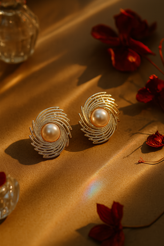 Elegant Gold Tone Spiral Stud Earrings | Luminous Pearl Center | Modern Statement Jewelry by Kurlywurly