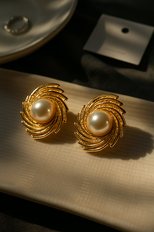 Elegant Gold Tone Spiral Stud Earrings | Luminous Pearl Center | Modern Statement Jewelry by Kurlywurly