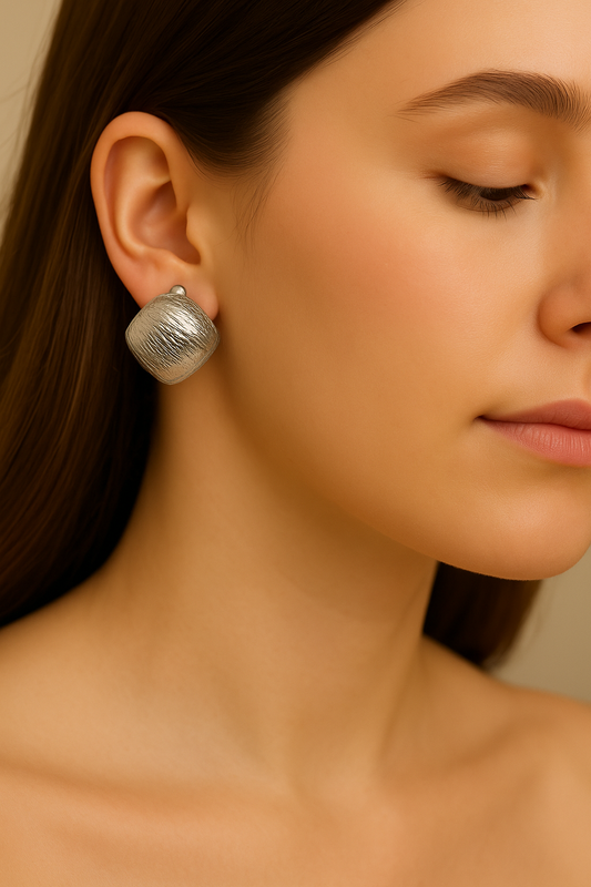 Textured Silver Earrings, Square Stud Earrings, Hammered Silver Jewelry, Cushion Shape Earrings, Modern Geometric Earrings, Unique Silver Studs, Artisan Inspired Earrings, Everyday Silver Studs, Fashion Earrings for Women, Kurlywurly Store.
