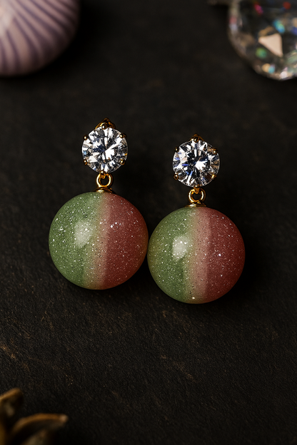 Elegant Green and Pink Dual Tone Sphere Drop Earrings with Cubic Zirconia Studs