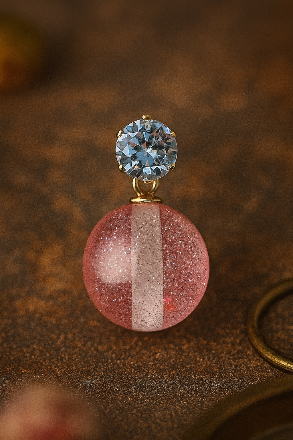 Pink Striped Ball Drop Earrings with CZ Studs