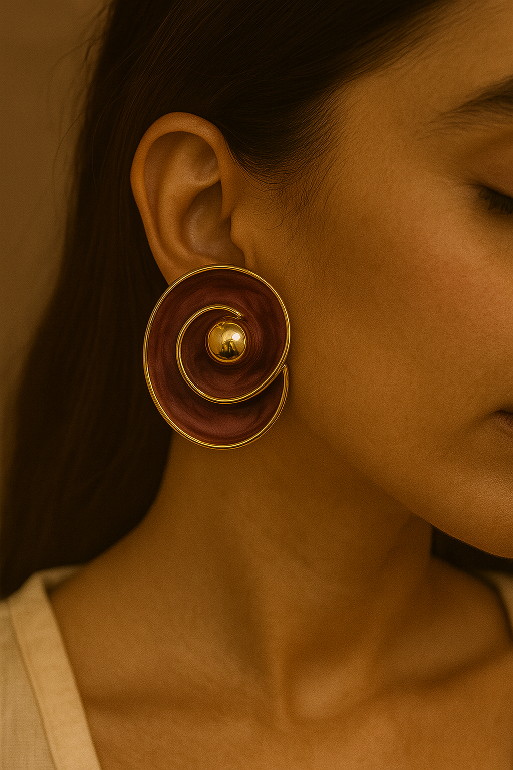 Unique Burgundy Enamel Gold Ball Accent Stud Earrings